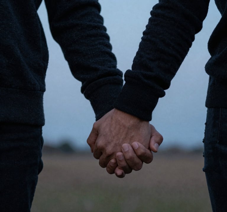 A close-up, storytelling photograph of two hands intertwined, belonging to a North American / US couple. They are standing in a field at dusk. The lighting is dim and cinematic, featuring muted light blue tones of the twilight sky and the soft charcoal black of their sweaters.