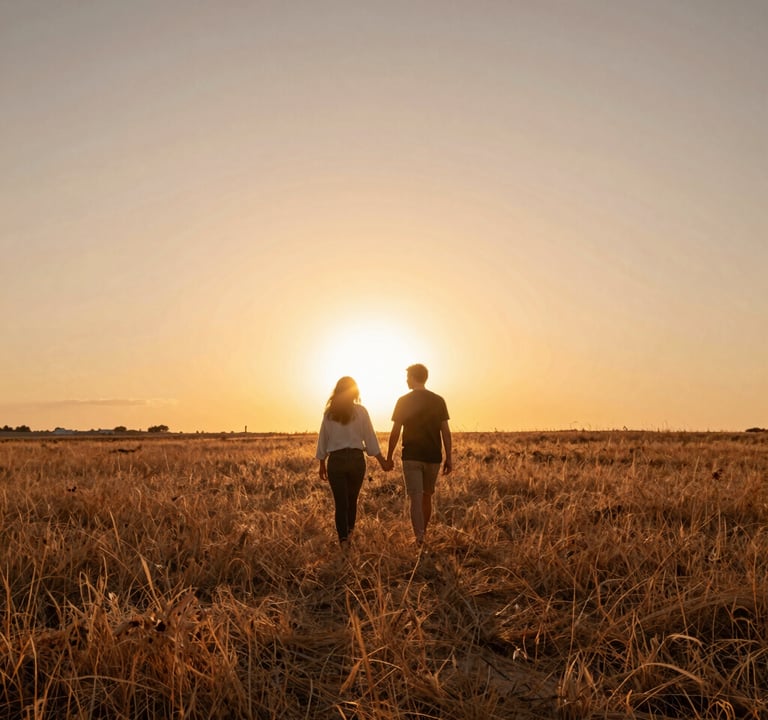 A wide lifestyle photograph of a couple walking hand-in-hand through a dry, golden field of grass under a vast warm sky in Spain / Southern Europe. The sun is low on the horizon, creating a stunning warm backlight and long dramatic shadows. Deeply natural, cinematic storytelling, featuring warm terracotta and sand colors, nostalgic and authentic atmosphere.