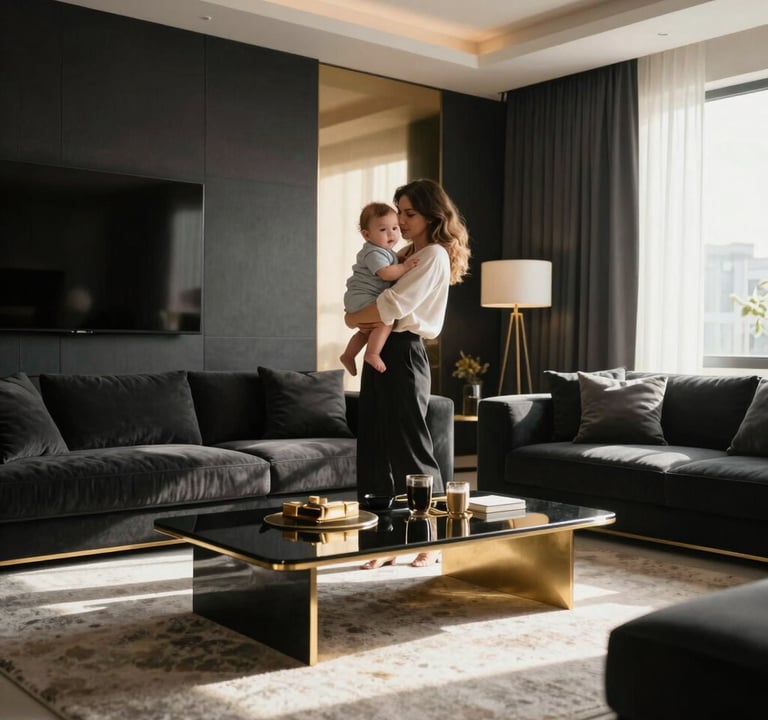 A lifestyle photograph of a mother holding her baby in a sun-drenched, modern Turkish / Istanbul living room. The interior design is minimalist with deep black furniture and metallic gold accents. The atmosphere is warm, loving, and luxurious.