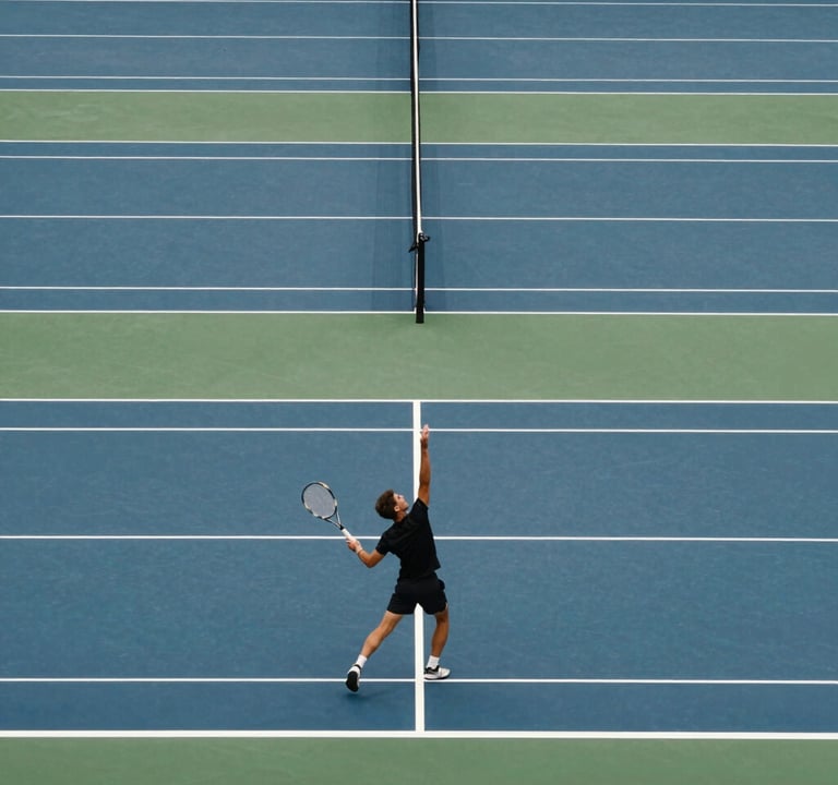 A wide shot of a modern tennis court with a rhythmic geometric pattern of dark blue and white lines. An athlete in black apparel is caught in a powerful serve. Bright, professional lighting, Western / International.
