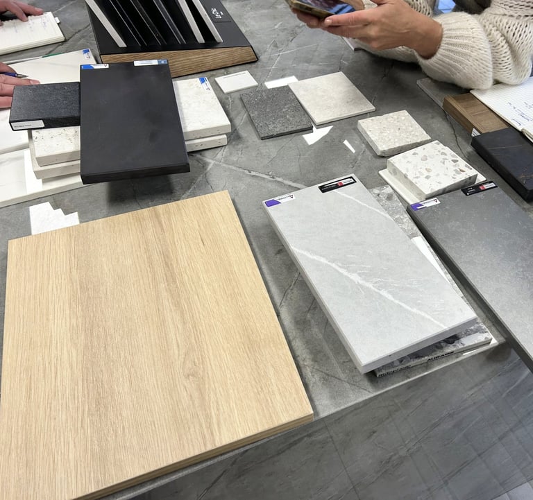 a customer looks at samples of quartz and stone laid out on an island