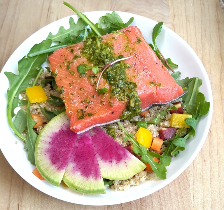 Salmon chimichurri & quinoa salad. Healthy weekly dinners Best personal chef Happy Valley oregon