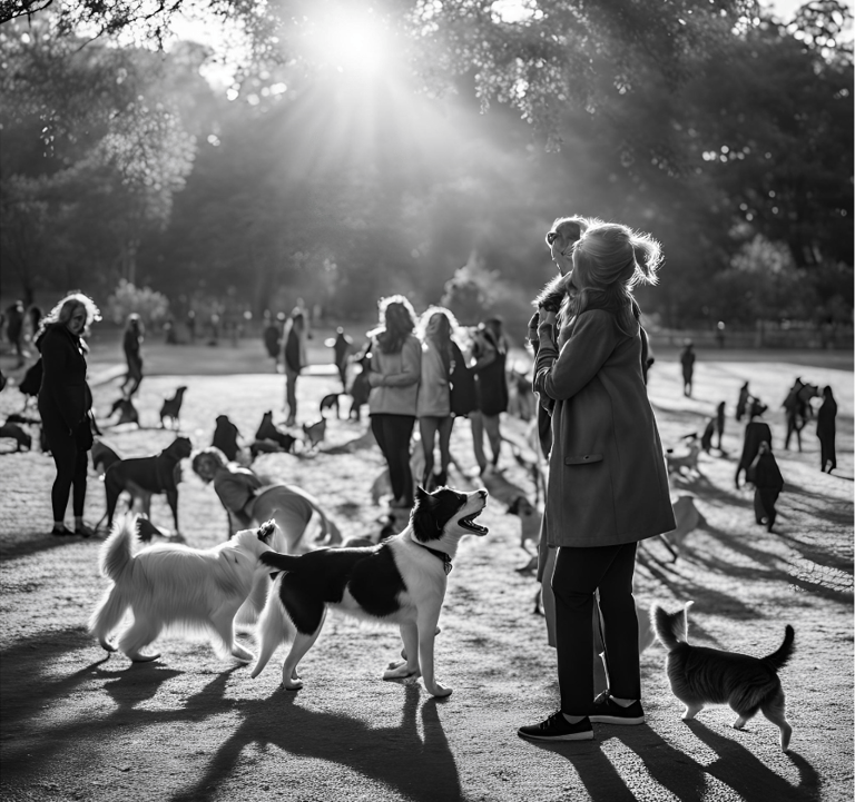 A woman in a park, playing with dogs, surrounded by people and pets in a pet-friendly community