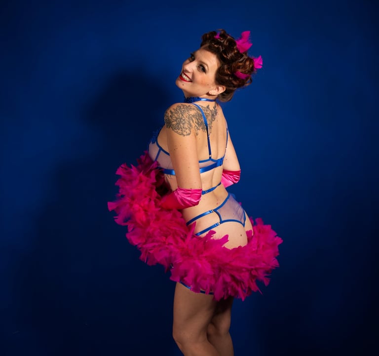 Femme glamour. Lingerie bleue, boa en plume rose. Effeuilleuse burlesque.