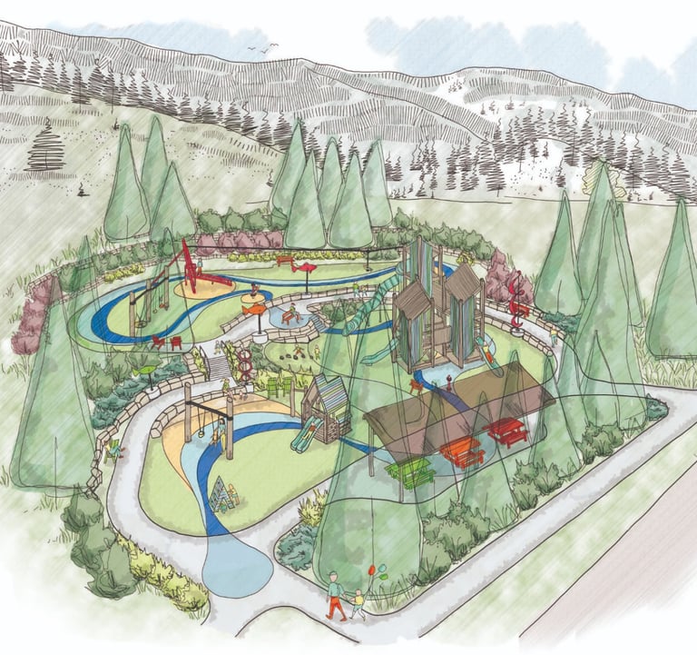 a drawing of a park with a river running through it