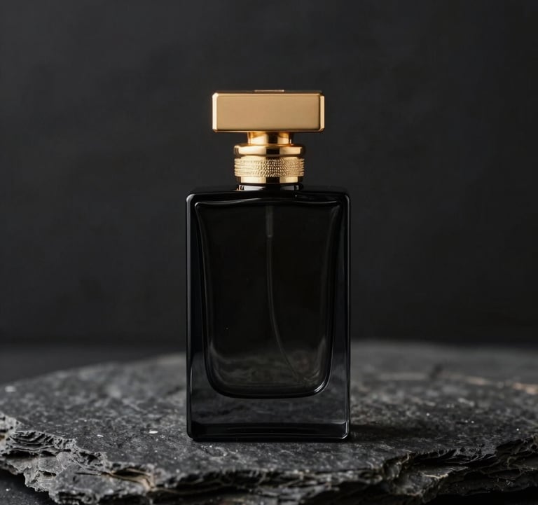 A minimalist photo of a luxury perfume bottle made of black glass with a gold cap, placed on a dark stone background.