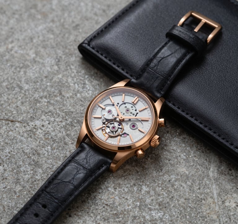 Close-up of a high-end mechanical watch and a dark leather-bound portfolio on a textured stone surface. Luxurious Middle Eastern / Gulf setting. Muted colors of gold and black, sharp focus, clean composition, professional lighting.