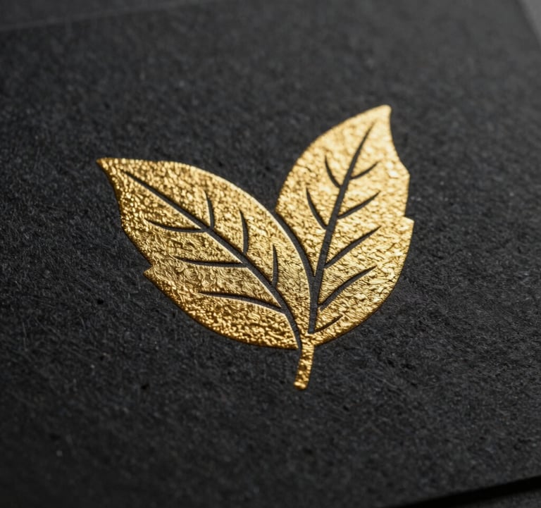 Macro photography of a gold-leaf textured logo debossed onto high-quality black cardstock, representing premium brand assets.