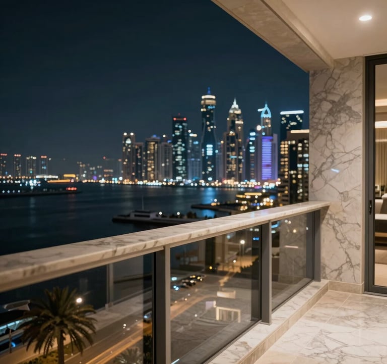 High-end real estate detail: a polished marble balcony overlooking the Dubai Marina at night, blurred city lights in the background.