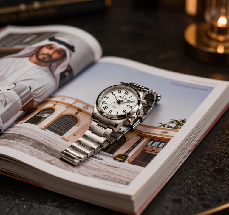 A close-up photograph of a luxury watch resting on a stack of high-end architectural magazines. Dark, moody atmosphere with warm bone lighting accents. The setting is a refined private lounge in the Middle Eastern / Gulf region.