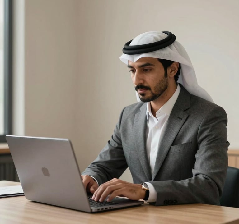 A sophisticated professional in a high-end, minimalist Middle Eastern / Gulf corporate setting. Looking at a sleek laptop screen with focus. Neutral tones of warm bone and dark grey, soft natural light, very clean and expensive aesthetic.