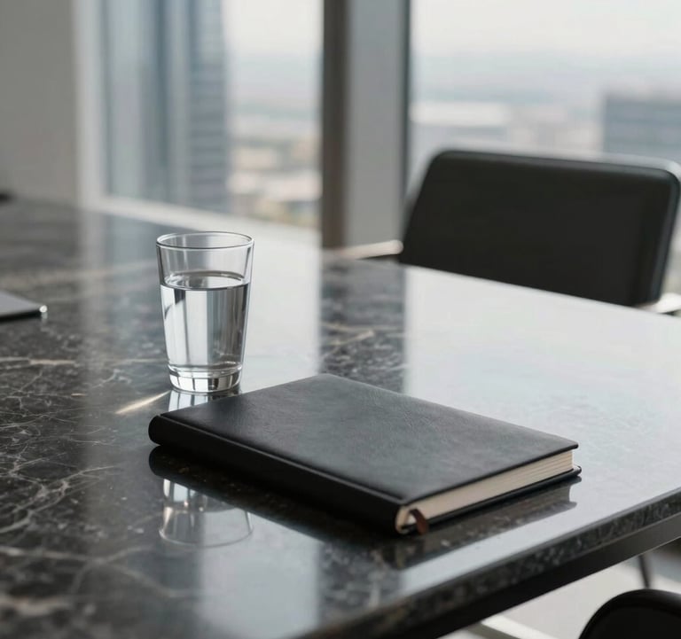 A close-up photograph of a minimalist, high-end meeting space in a Middle Eastern / Gulf skyscraper. A polished dark stone table reflects a single glass of water and a matte black notebook. Soft, natural morning light creates sharp, clean lines and a sophisticated atmosphere.
