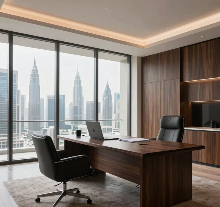 The interior of a high-end executive suite in a Dubai skyscraper, minimalist design with bone and dark wood materials.