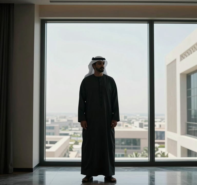 High-end editorial photography of a professional in a modern, sharp thobe standing in front of a floor-to-ceiling window in Dubai. The aesthetic is minimal and dark, focusing on the silhouette and the expensive architectural details of the room.