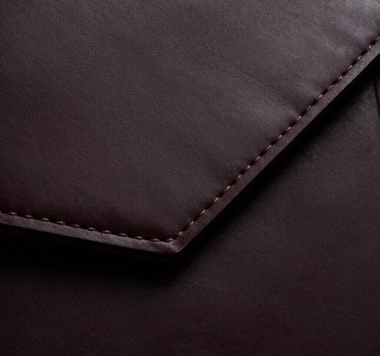 Abstract photography of a high-end leather accessory, emphasizing fine craftsmanship and dark, moody textures.