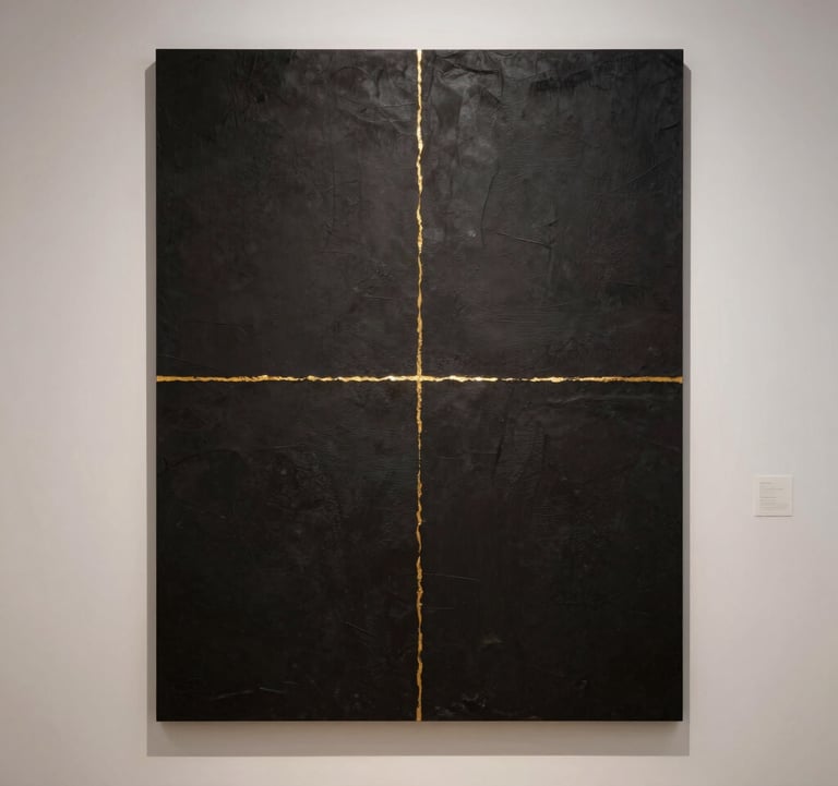 Photography of a minimalist, contemporary art installation in a high-end Dubai gallery. The composition is clean with lots of negative space, featuring dark textures and a single thin line of gold leaf. Soft, sophisticated lighting.