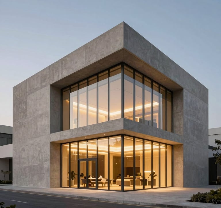 Exterior shot of a modern architectural masterpiece in Dubai at twilight. Minimalist design, clean concrete and glass, reflecting warm gold interior light. High-end real estate photography style.