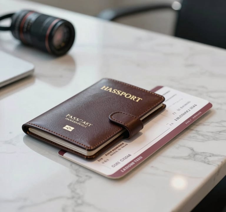 Clean photography of luxury travel documents, a high-end leather passport holder, and premium boarding passes resting on a polished white marble desk in a professional Middle Eastern / Gulf business environment.