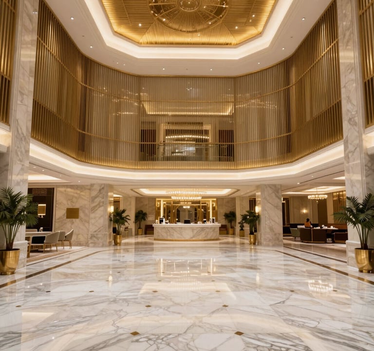 Photography of a luxury hotel lobby in the Middle Eastern / Gulf region, featuring high ceilings, gold accents, and white marble floors under soft, warm lighting. Modern luxury style.