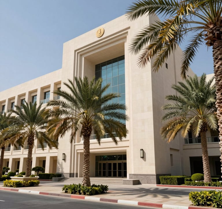 An exterior view of a prestigious educational institution in the UAE, featuring modern architecture and lush palm trees, bright daylight, professional photography representing our student visa services.