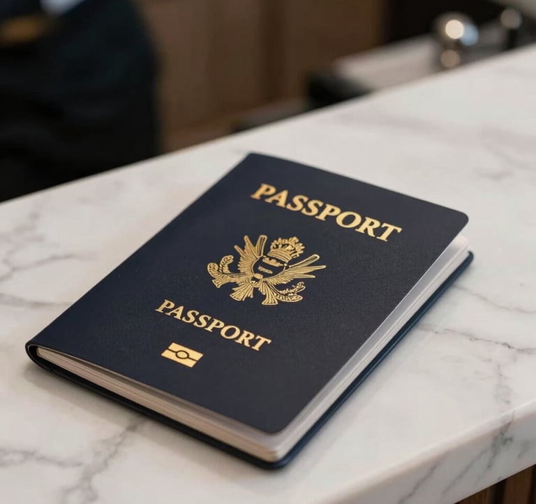 A professional photograph of a luxury passport holder with gold embossing resting on a white marble concierge desk, representing high-end international travel and hotel services.