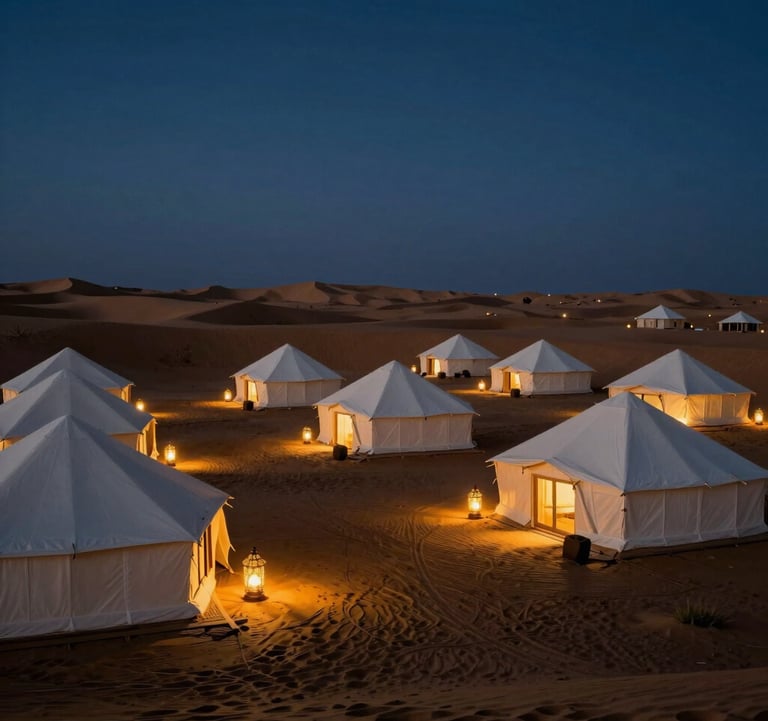 A stunning photograph of a private desert resort at dusk with warm gold lanterns and white tents against a deep navy blue sky, Middle Eastern / Gulf luxury travel theme.