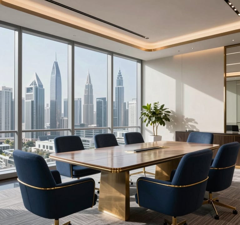 Elegant photography of a modern executive meeting room in a UAE skyscraper, featuring navy blue designer furniture and gold accents, with a clear view of the skyline through floor-to-ceiling windows.