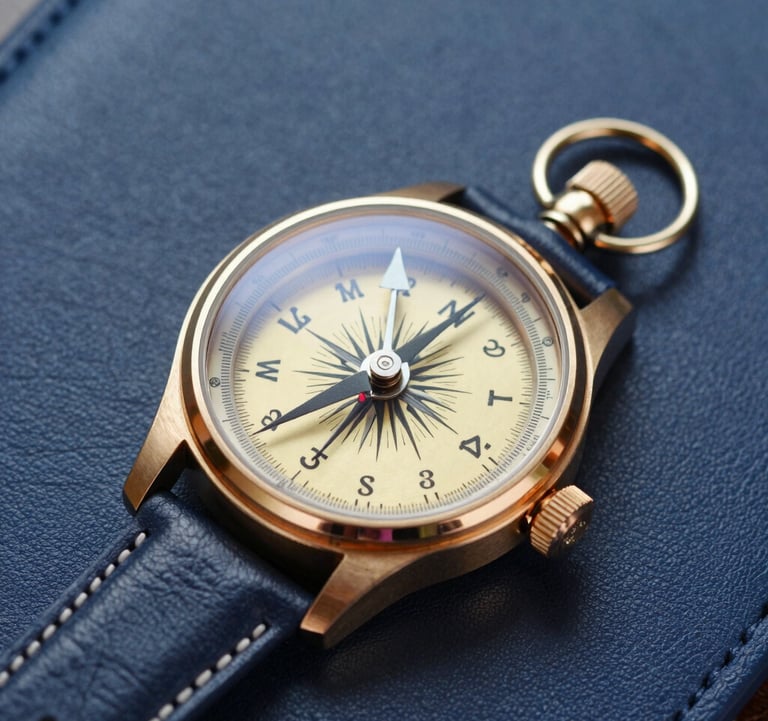 A close-up of a high-end luxury watch and a gold compass on a navy blue leather surface, symbolizing global reach and sophisticated project management.