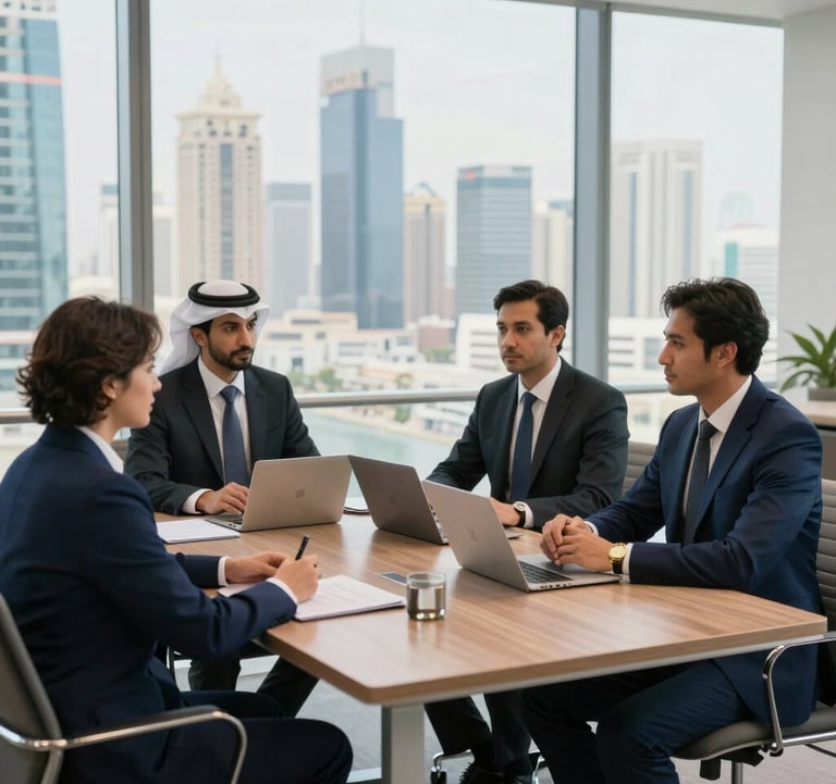 A professional business meeting occurring in a high-rise office overlooking the city, featuring sharp business attire and a minimalist aesthetic with navy blue and gold accents, Middle Eastern / Gulf corporate context.