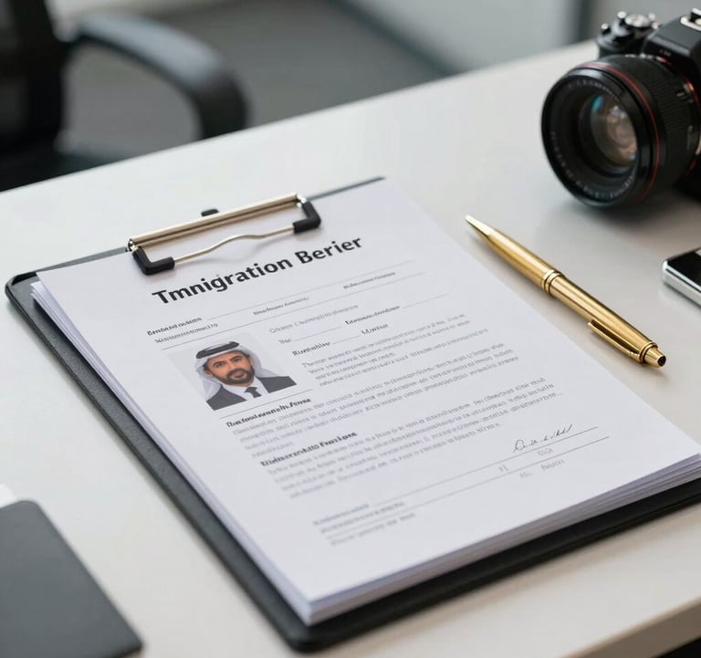 Professional high-end photography of document folders and a golden pen on a white desk in a modern Middle Eastern / Gulf corporate office, focusing on student visa and immigration services.