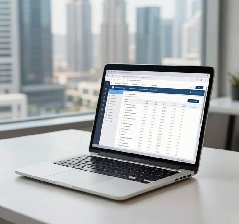 A modern laptop on a white desk showing project management software, with a blurred view of Dubai skyscrapers through the window, emphasizing professional consulting services.