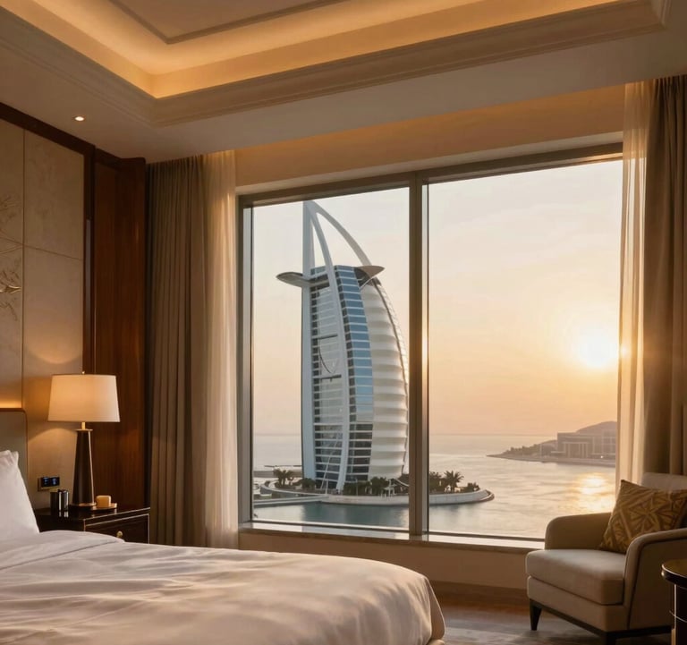 A luxury hotel suite interior with views of the Burj Al Arab through floor-to-ceiling windows, warm golden sunset lighting, premium textures of silk and wood, professional hospitality photography, UAE.