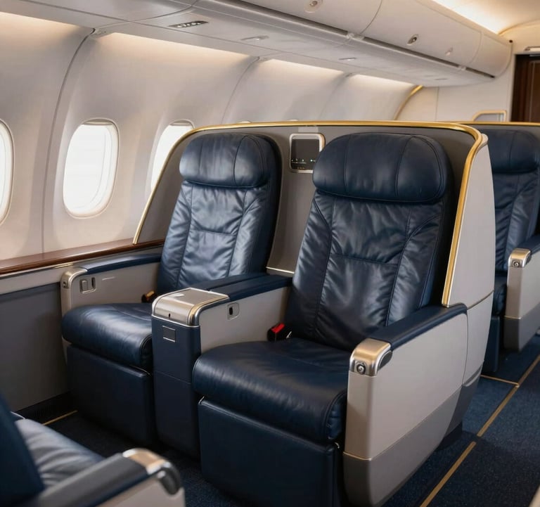 A sophisticated photo of a luxury first-class airplane cabin with navy blue leather seating and gold lighting accents, representing premium worldwide travel services.