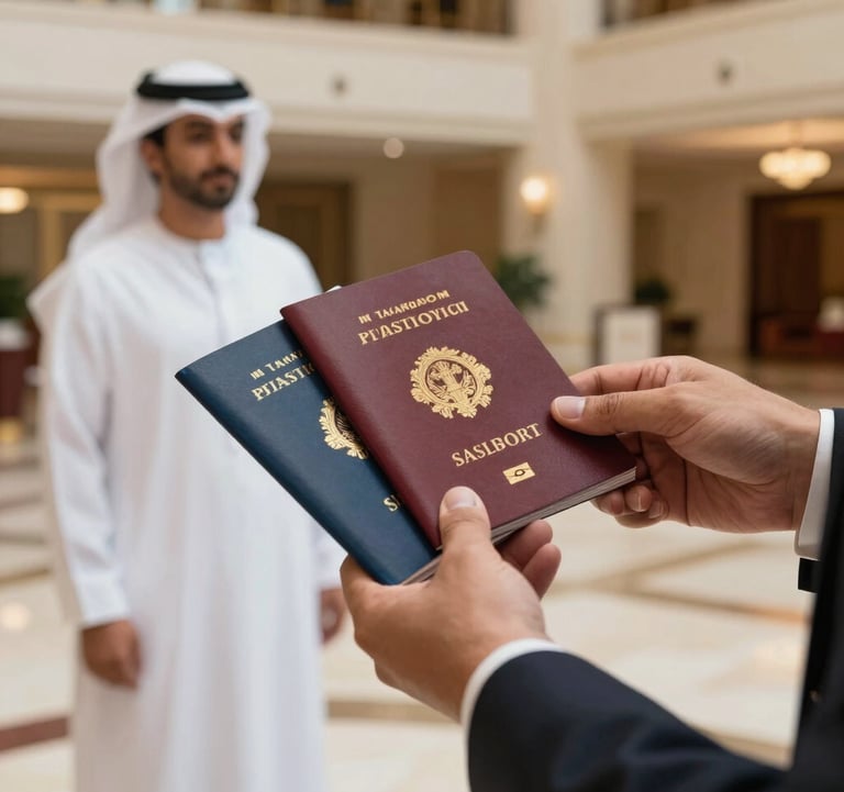 A lifestyle photography shot of a professional hand-off of travel documents in a luxury hotel lobby in the Middle Eastern / Gulf region, focusing on the high-quality textures of the documents and the sophisticated surroundings.