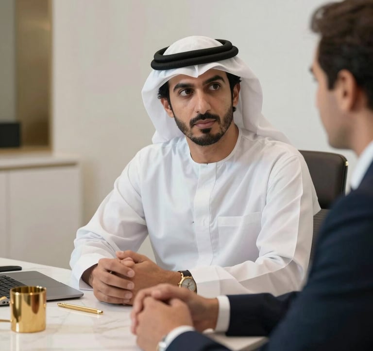 A close-up of a professional business consultation taking place in a high-end Middle Eastern / Gulf region corporate office, featuring gold stationery and white marble details. The lighting is soft and professional.