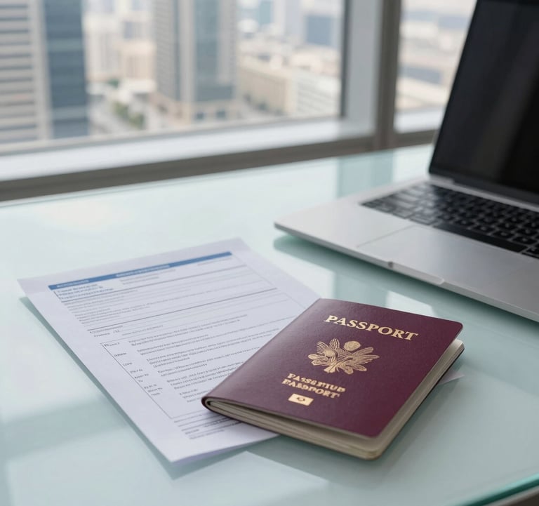 A professional desk setup in a modern Dubai office, with a passport and immigration documents on a glass table, overlooking the city through a window. The style is bright and clean with a professional, trustworthy feel.