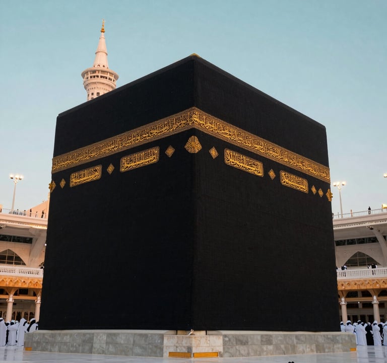 A high-quality, dignified photograph of the Kaaba in Makkah at sunrise. The golden calligraphy on the black cloth contrasts with the pale aqua morning sky. The atmosphere is quiet and reverent. International / Global Muslim pilgrims visible in the distance.