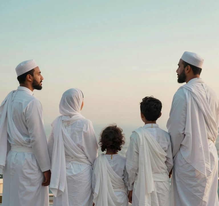 An aspirational shot of a family of International / Global Muslim pilgrims standing together, looking towards a beautiful horizon. They are dressed in white Ihram and modest clothing. The lighting is warm and reassuring, using a palette of soft teals and whites.