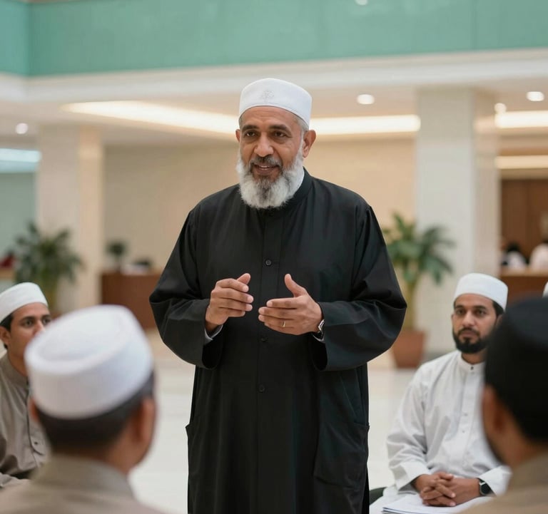 A photography of an experienced International / Global Muslim religious guide in modest professional attire, speaking kindly to a small group of pilgrims in a bright, modern lobby with green tosca accents.