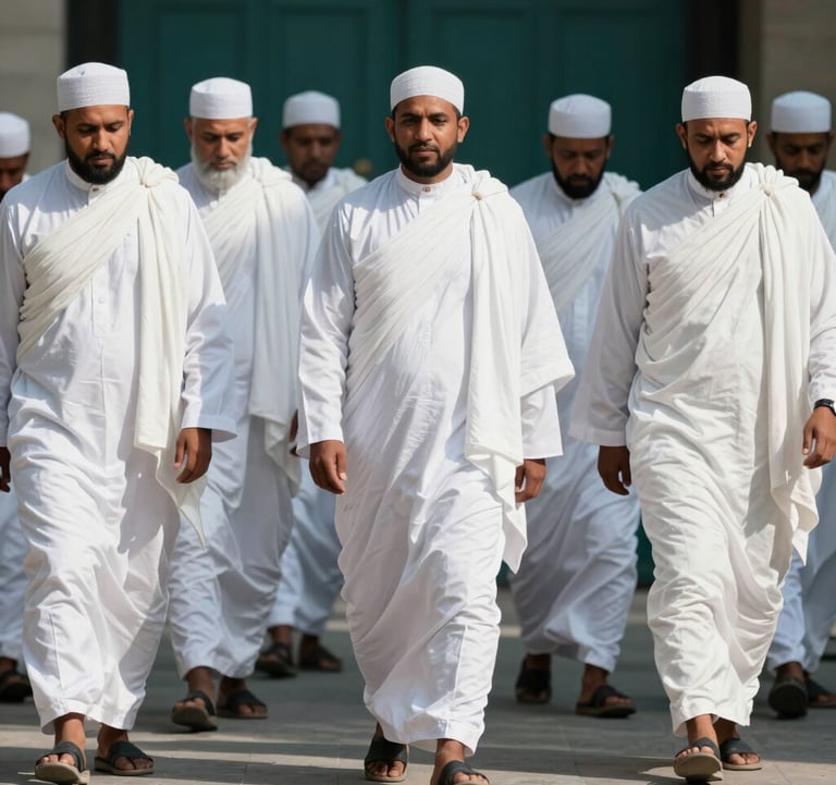 Photography of a group of International / Global Muslim pilgrims in simple white ihram attire walking together in a serene, professional composition. The lighting is bright and aspirational, reflecting a sense of peace. Muted tosca and deep teal tones in the shadows.