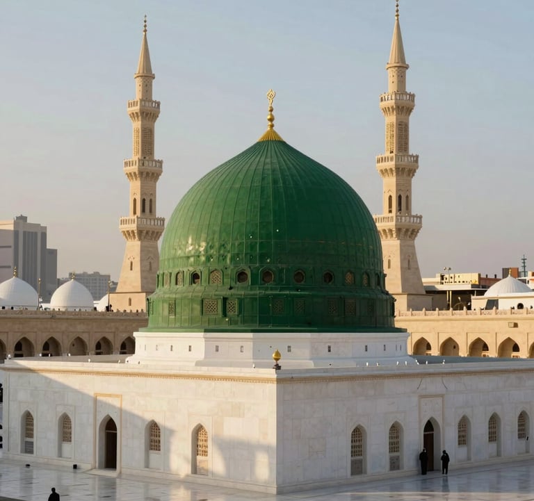 A peaceful view of the green dome of the Prophet's Mosque in Madinah, surrounded by white marble courtyards with tosca highlights. The lighting is warm and reassuring. International / Global Muslim context.