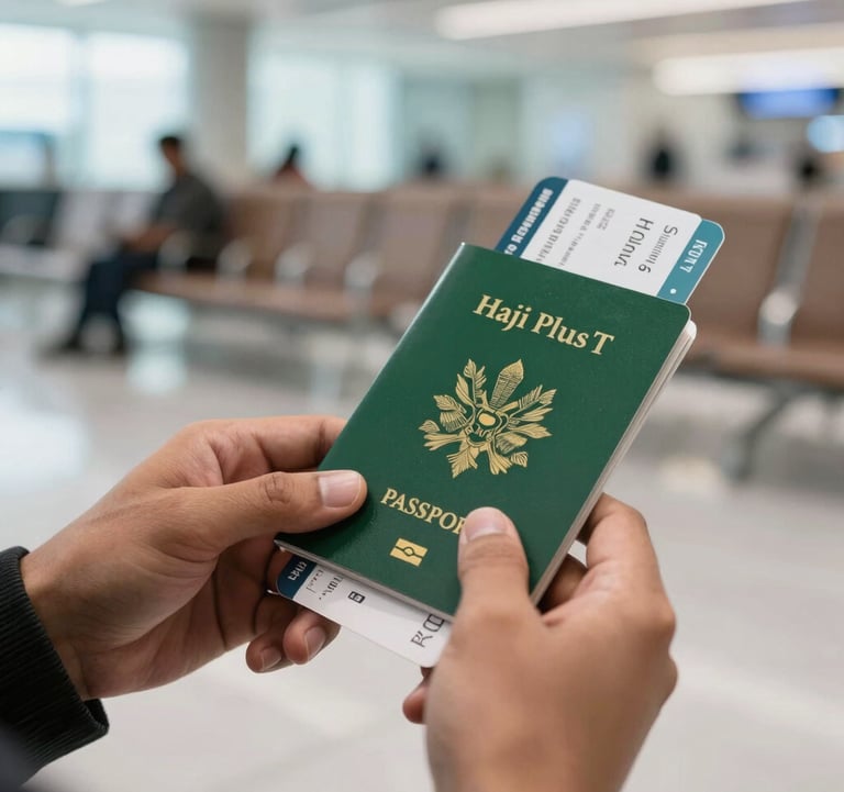 A high-quality close-up of a person's hands holding a green passport and an airline ticket with 'Haji Plus' visible. The background is a bright, modern airport lounge with soft focus. International / Global Muslim context.