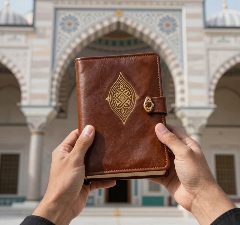 A photography of a pair of hands holding a leather-bound Quran against the backdrop of the intricate geometric patterns of the Great Mosque's courtyard.