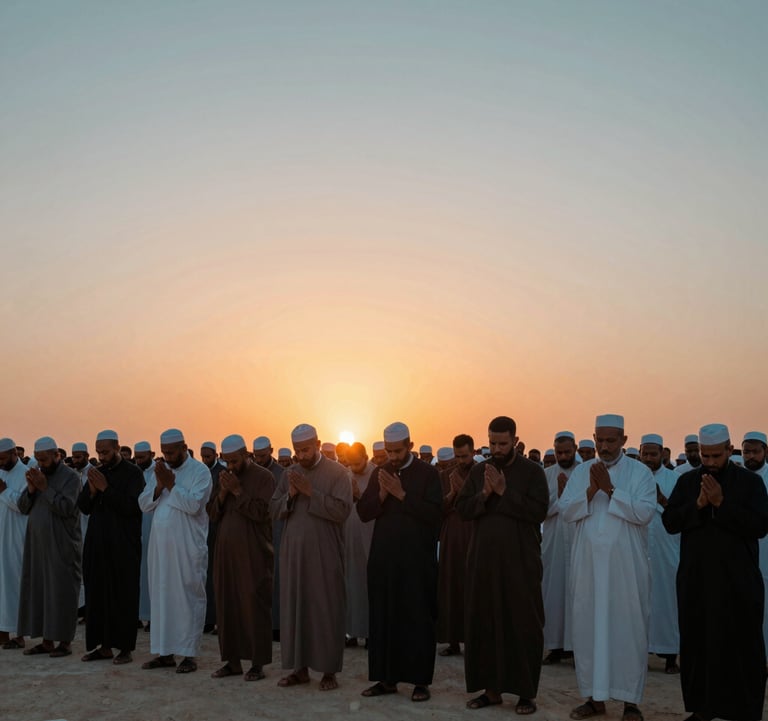 A photography of International / Global Muslim pilgrims standing together in quiet prayer on Mount Arafat at sunset, the sky filled with hues of soft teal and orange.