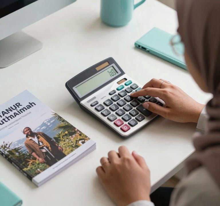 A professional overhead shot of a clean desk where an International / Global Muslim person is using a modern calculator next to a brochure for Tanur Muthmainnah travel. Soft, natural lighting highlights the light teal accents of the stationery.