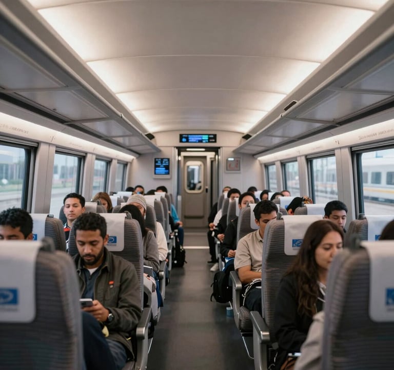A photography of the modern Haramain high-speed train interior, showing clean lines and comfortable seating where International / Global Muslim travelers sit peacefully.