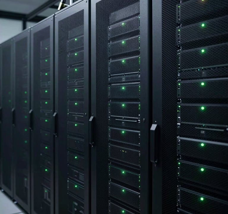 Photography of a sleek, dark-toned server room with subtle green LED status lights, representing the secure and innovative infrastructure behind the fintech platform.