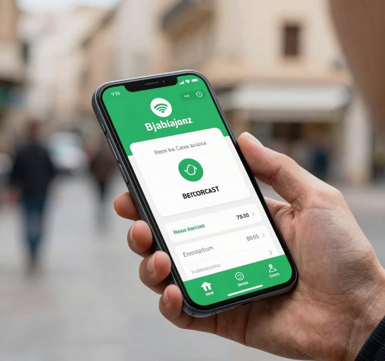 A crisp, detailed shot of a person using a mobile banking app with a green interface on a high-end smartphone, blurred urban background, North African / Algerian & European / French context.