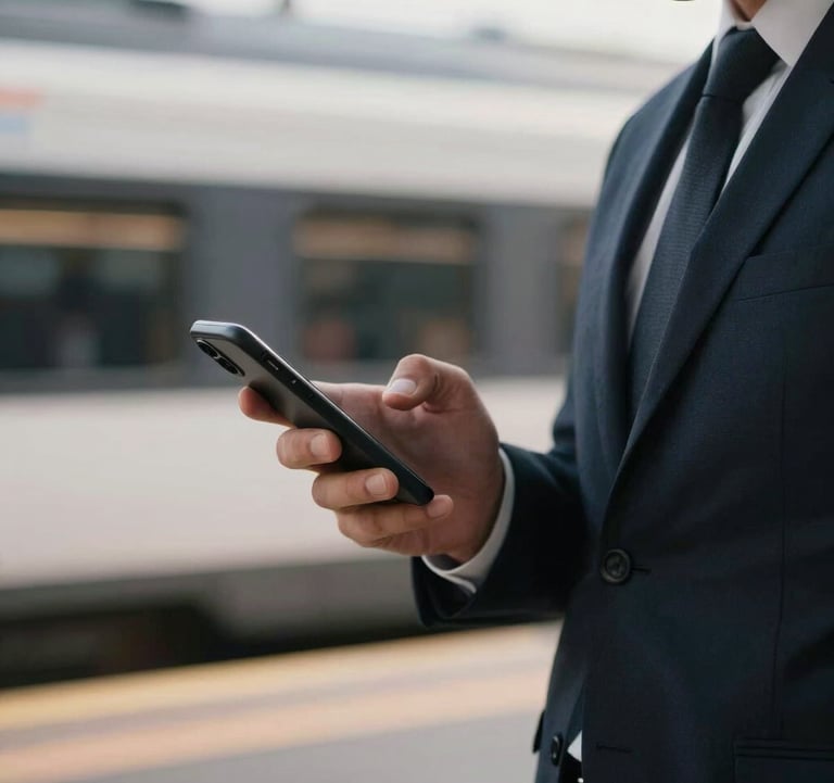 A close-up photograph of a person in professional attire in a French city, holding a smartphone while waiting for a train. The morning light is soft, reflecting a fast-paced digital lifestyle.