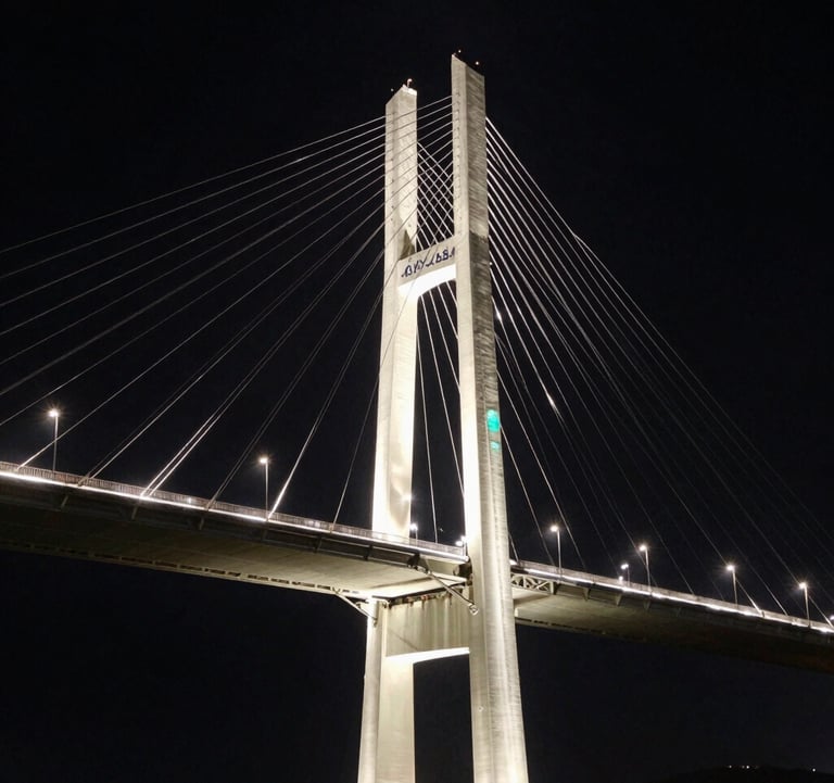 A high-contrast architectural photograph of a modern bridge structure at night, symbolizing the link between continents. The style is minimalist and premium, using deep black sky and bright off-white structural lighting with subtle sea green reflections on the metal.